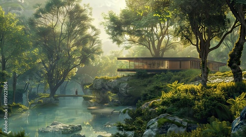 A photorealistic 3D render of a modern villa surrounded by nature.