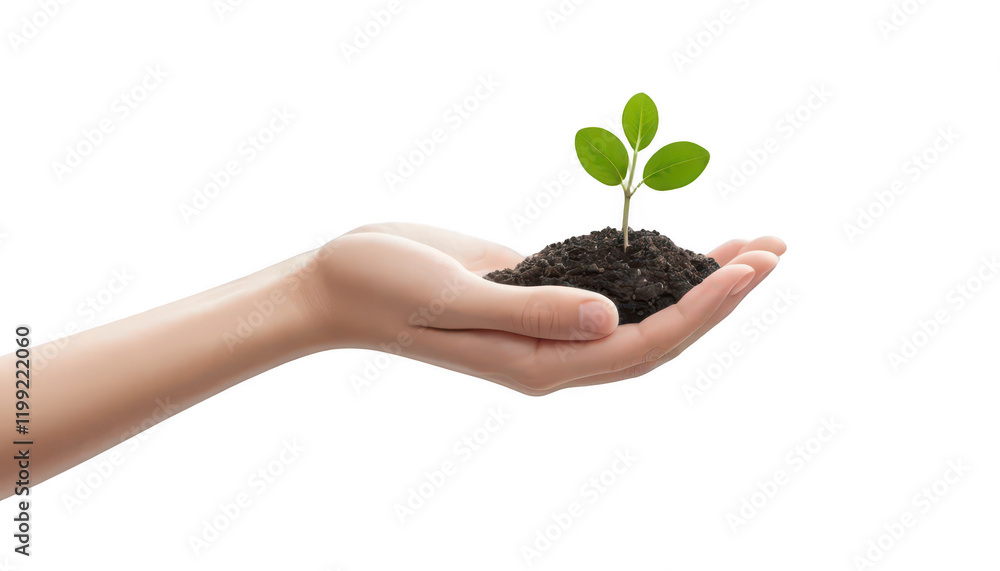 A single hand holding a tiny heart-shaped seedling, symbolizing nurturing and helping new growth, on a white transparent background PNG