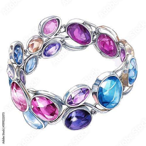 A watercolor vector painting illustrating the elegance of the silver bracelets with colorful stones, isolated on a white background. Silver bracelets with colorful stones vector.


