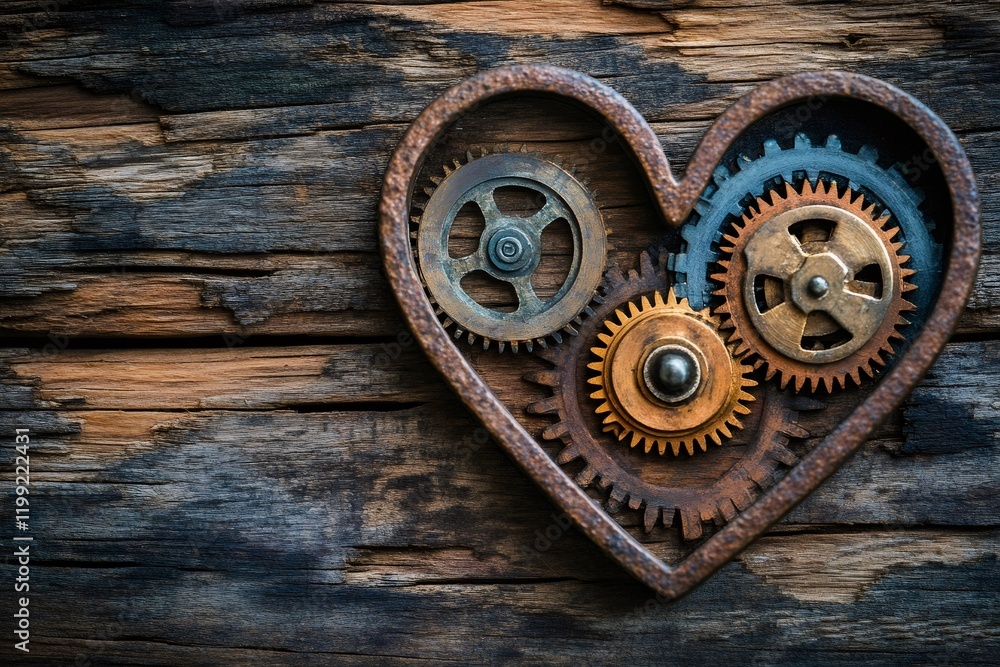 Rusty heart shaped gears interlocking on wooden background Rusty heart shaped gears interlocking on wooden background