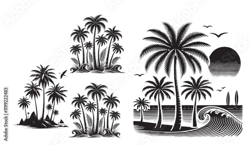 Black and white silhouette illustration showcasing various tropical beach scenes with palm trees, waves, birds, a setting sun, and surfboards, evoking a serene island vibe,