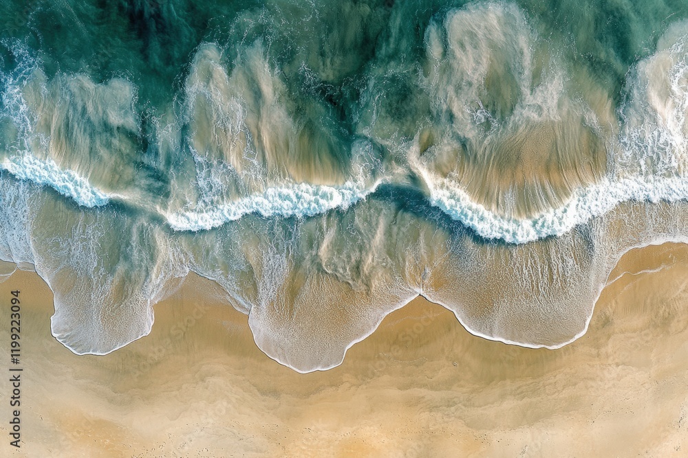 Aerial view of serene waves and beige sand beach coastal paradise nature photography tranquil environment bird's eye perspective Aerial view of serene waves and beige sand beach coastal paradise nature photography tranquil environment bird's eye perspective