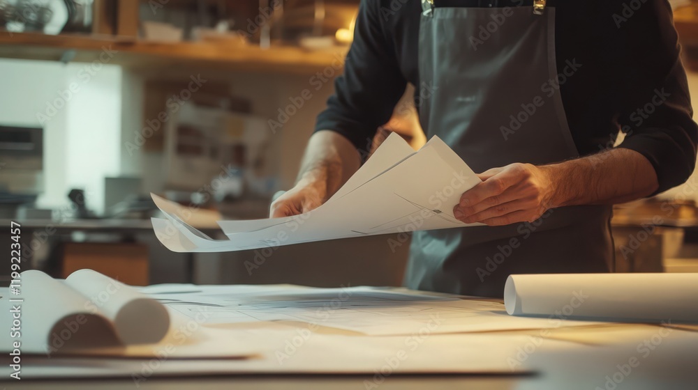 A person wearing an apron examines architectural drawings in a workshop with rolls of paper A person wearing an apron examines architectural drawings in a workshop with rolls of paper