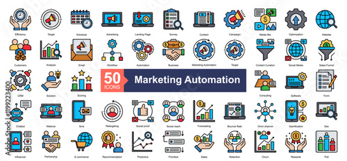 Marketing Automation Icon Collection Set.Containing Efficiency, Target, Schedule, Advertising, Landing Page, Survey, Content, Campaign icon. Simple lineal style Vector Illustration.	
