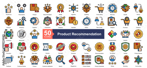 Product Recommendation Icon Collection Set.Containing Personalized, Product, Recommendation, Badge, Algorithm, Upselling, Cross selling, Real time icon. Simple lineal style Vector Illustration.