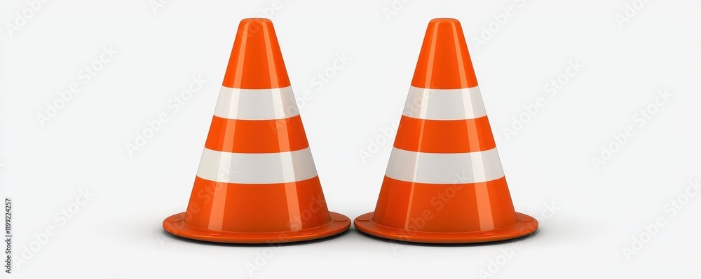 Two Orange and White Traffic Cones on White Background Safety Construction Warning Two Orange and White Traffic Cones on White Background Safety Construction Warning
