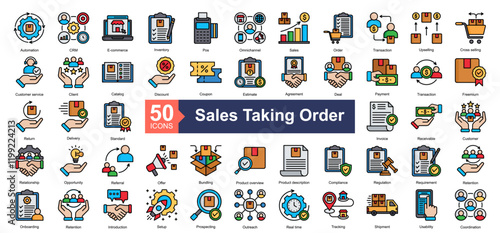 Sales Taking Order Icon Collection Set.Containing Automation, CRM, E-commerce, Inventory, Pos Terminal, Omnichannel, Sales icon. Simple lineal style Vector Illustration.