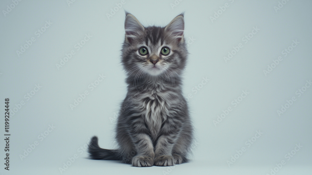 A fluffy kitten stares curiously with bright green eyes, exuding innocence and playfulness. The simple background emphasizes the kitten's endearing features, ideal for children's themes or pet-related A fluffy kitten stares curiously with bright green eyes, exuding innocence and playfulness. The simple background emphasizes the kitten's endearing features, ideal for children's themes or pet-related