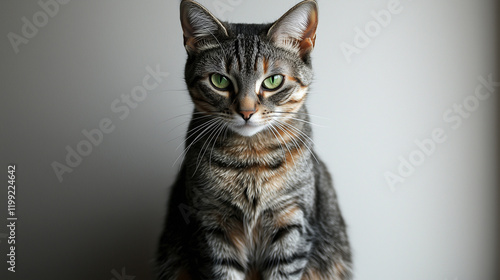 A close-up of a tabby cat's intense green eyes, framed by intricate fur patterns, set against moody lighting. A perfect choice for impactful and artistic storytelling.