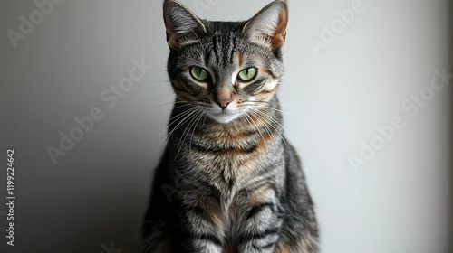 Fototapeta na wymiar A close-up of a tabby cat's intense green eyes, framed by intricate fur patterns, set against moody lighting. A perfect choice for impactful and artistic storytelling.