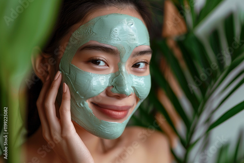 Woman applying facial clay mask. Cute asian girl with green cosmetic peel off mask on her face. Beauty and spa treatment. Natural skin care and cleansing concept photo