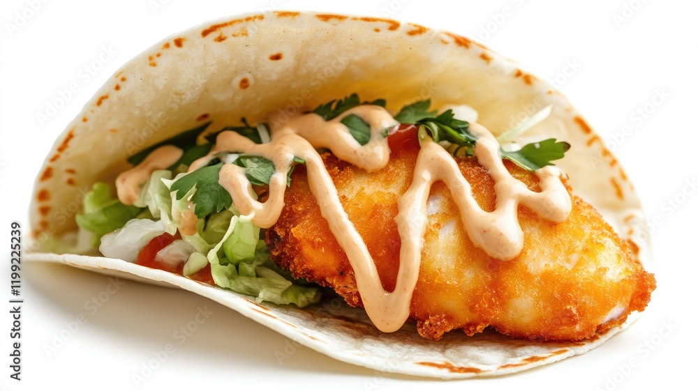 Crispy fish taco with lettuce, cilantro, and spicy mayo in soft tortilla Crispy fish taco with lettuce, cilantro, and spicy mayo in soft tortilla