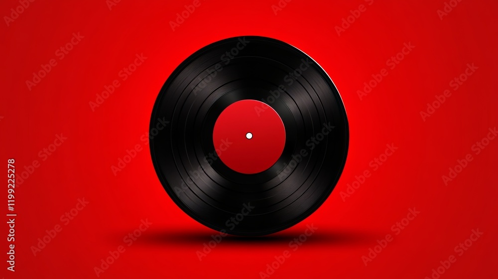 A black vinyl record on a red background, perfect for relaxing with retro music, jazz, or classical tunes A black vinyl record on a red background, perfect for relaxing with retro music, jazz, or classical tunes