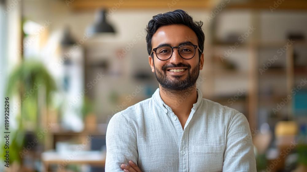 Obraz premium Smiling young man with glasses in a bright workspace during the day