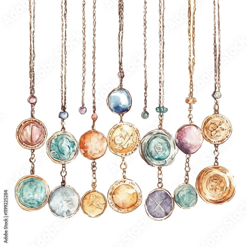 A watercolor vector painting showcasing the intricate details of the coin necklaces that come to life in the delicate strokes, isolated on a white background. Coin necklaces vector.

