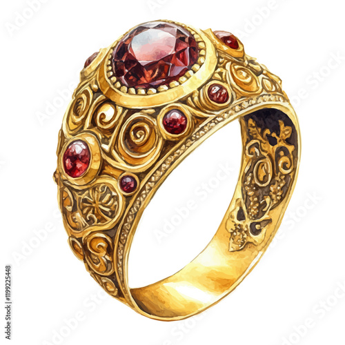 A watercolor vector painting showcasing the intricate craftsmanship of antique gold rings that is beautifully displayed, isolated on a white background. Antique gold rings vector.

