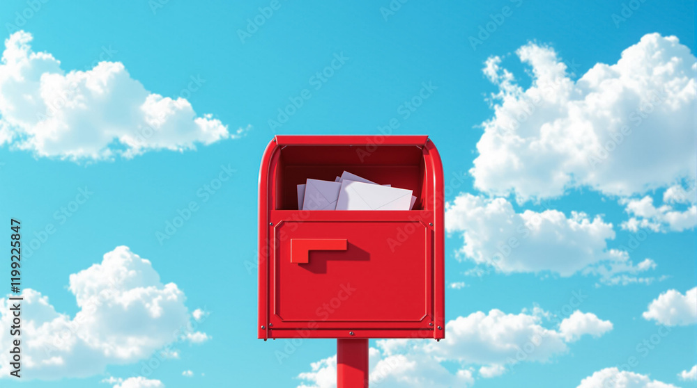 Bright Red Mailbox with Letters Against a Blue Sky and Clouds Bright Red Mailbox with Letters Against a Blue Sky and Clouds