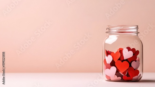 Glass jar filled with red and pink paper hearts against neutral background