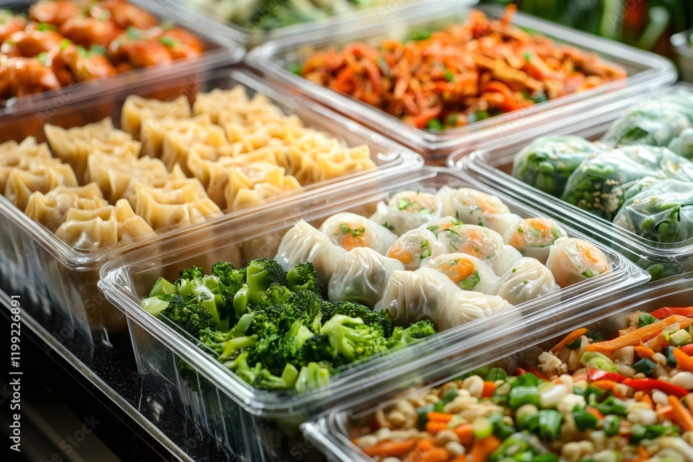 Plastic containers displaying fresh dim sum, spring rolls, and vegetables for sale Plastic containers displaying fresh dim sum, spring rolls, and vegetables for sale