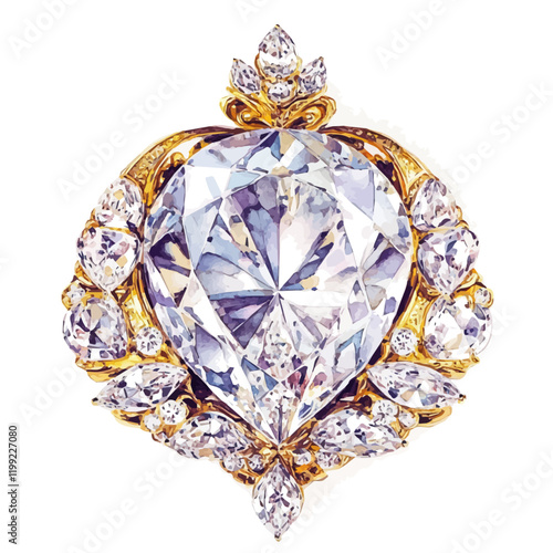 A watercolor vector painting of Cartier’s Louis XIV diamonds, showcasing the soft hues and regal elegance of these jewels, isolated on a white background. Cartier's Louis XIV Diamonds vector.

