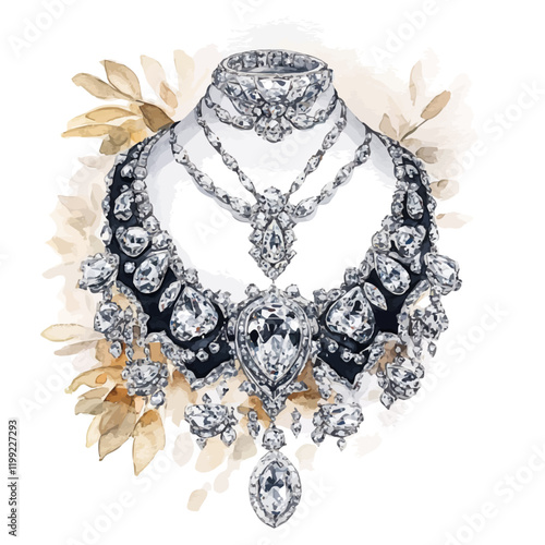A watercolor vector painting of Cartier’s Louis XIV diamonds, illuminating the unmatched beauty and historical grandeur of these jewels, isolated on a white background. Cartier's Louis XIV Diam






