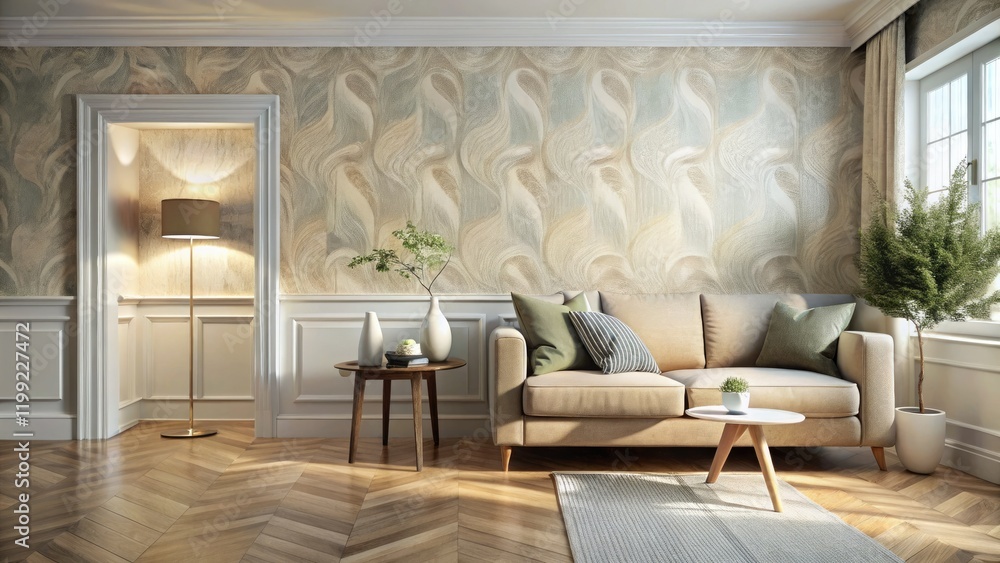 Fototapeta premium Abstract beige wallpaper transforms a Scandinavian living room, softened by subtle skirting boards.