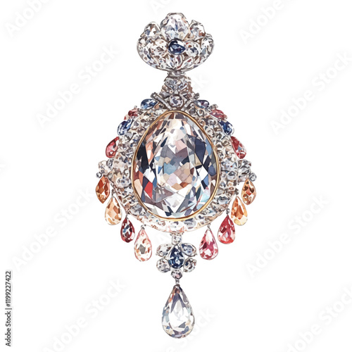 A watercolor vector painting of Cartier’s Louis XIV diamonds, illuminating the unmatched beauty and historical grandeur of these jewels, isolated on a white background. Cartier's Louis XIV Diam







