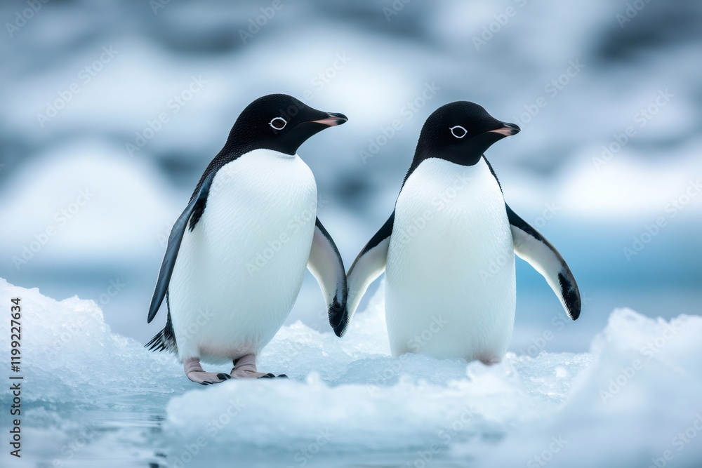 Obraz premium Two adelie penguins holding flippers on ice floe in antarctica