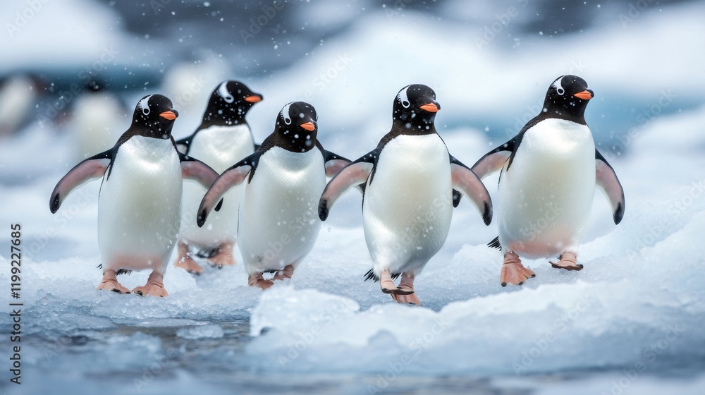 Fototapeta premium Gentoo penguins walking on ice floes in antarctica