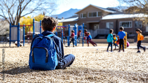 A Lonely Boy Sitting on the Playground, Away From Other Children