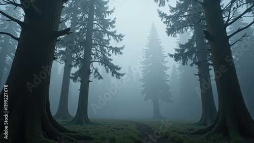 A serene, fog-enshrouded forest scene at eye level, where majestic pines cast gentle shadows over a verdant meadow. A winding dirt path invites exploration through the mystic haze photo