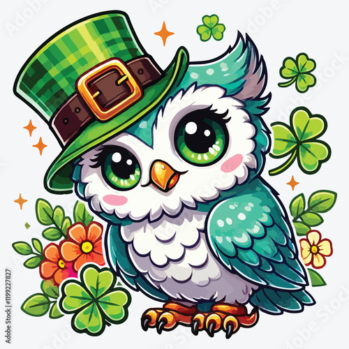 Cute owl in leprechaun hat stock illustration