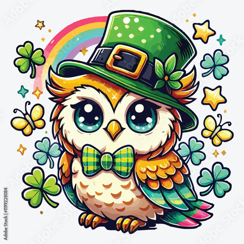 Cute owl in leprechaun hat stock illustration