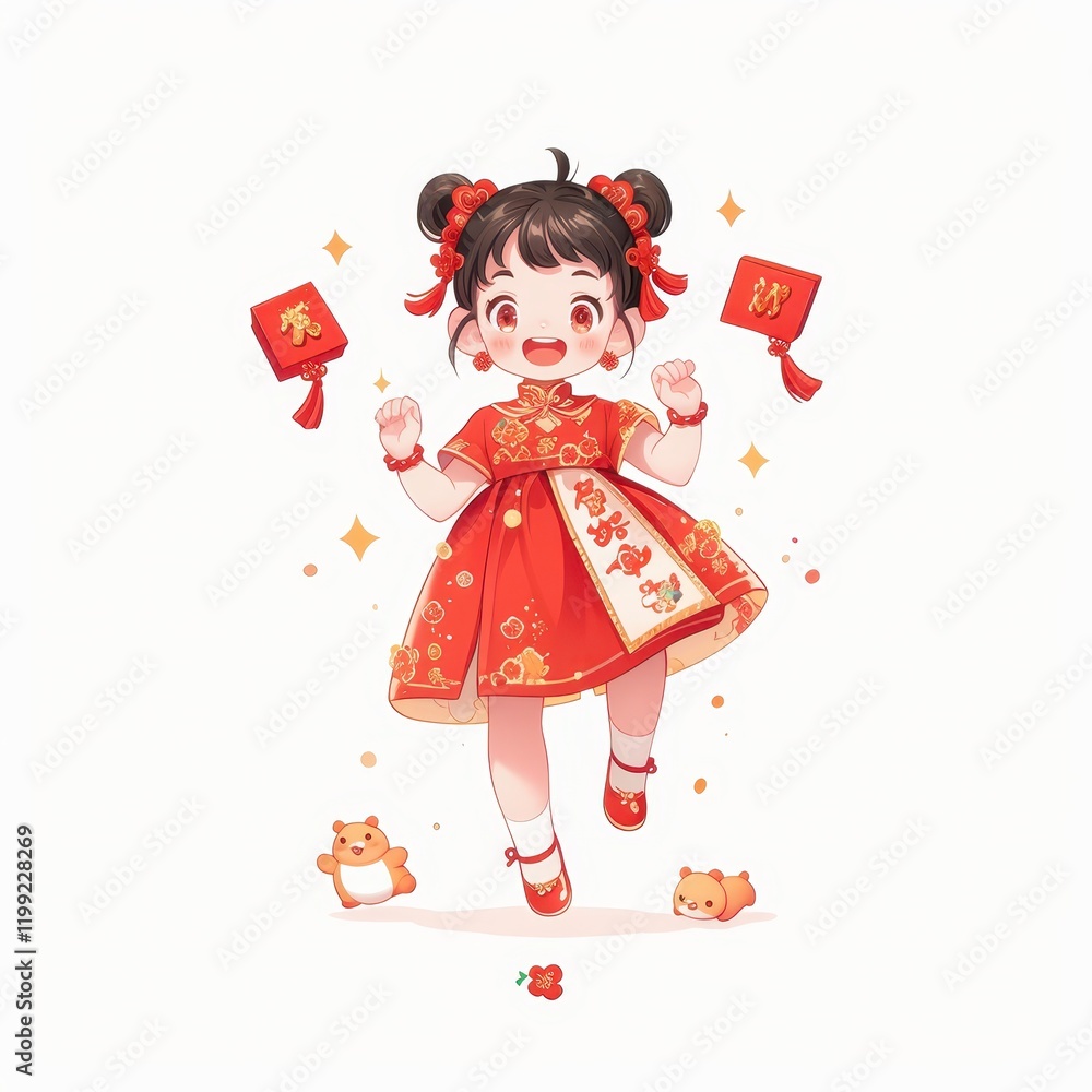 Adorable Girl in Red Chinese New Year Dress Jumping Joyfully with Red Envelopes Adorable Girl in Red Chinese New Year Dress Jumping Joyfully with Red Envelopes
