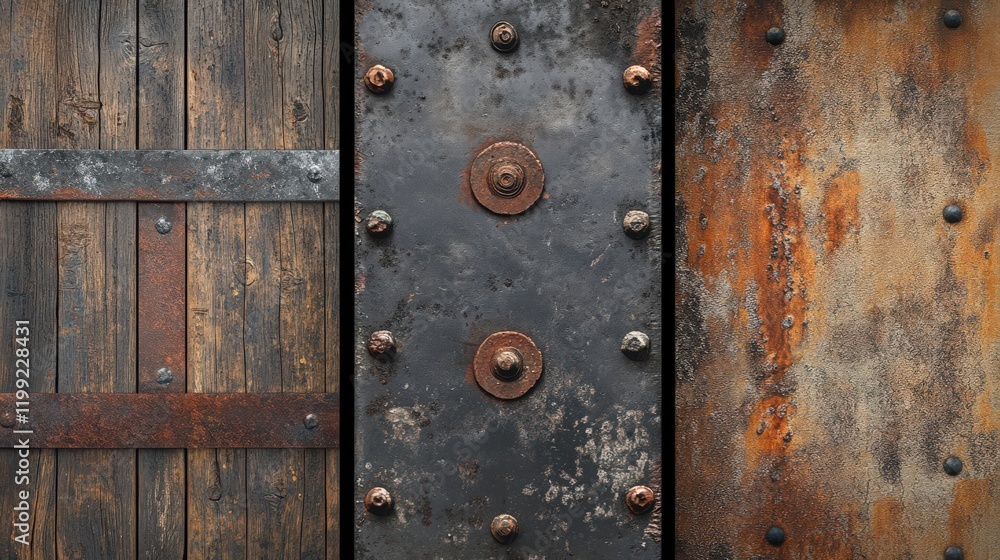 A triptych of rustic textured panels with wood metal and corroded surfaces A triptych of rustic textured panels with wood metal and corroded surfaces