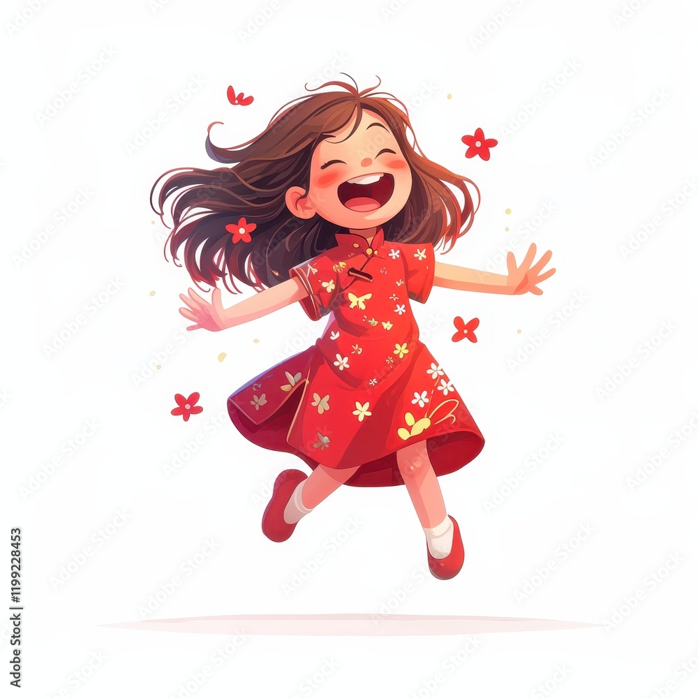 Joyful Girl in Red Cheongsam Dress Jumping Happy Child Illustration Festive Asian Design Joyful Girl in Red Cheongsam Dress Jumping Happy Child Illustration Festive Asian Design