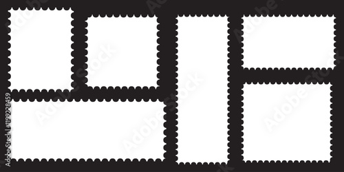 Postage stamp set. Post stamp frames and borders. Beige round and rectangular template for mail, postcard, letter. Jagged wavy edge forms. Vintage objects for poster, banner, badge, sticker. Vector