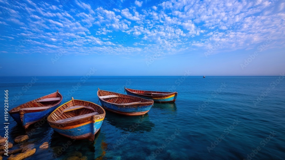Naklejka premium Serene Coastal Boatscape: Four Vibrant Fishing Boats at Rest in a Tranquil Ocean Under a Sky Adorned with Fluffy Clouds
