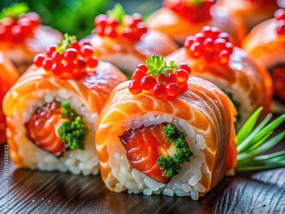 Salmon Sushi Rolls with Red Caviar Long Exposure Photography, Artistic Food Photography, Exquisite Sushi Salmon Sushi Rolls with Red Caviar Long Exposure Photography, Artistic Food Photography, Exquisite Sushi