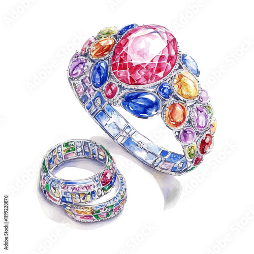 A watercolor vector painting illustrating the combination of soft strokes and bold designs that reflects the fusion of tradition and modernity in Bulgari’s jewelry, isolated on a white background. Bul