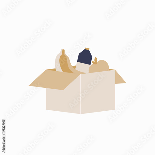 Cardboard box filled with groceries in flat vector illustration symbolizing home delivery, essential goods, and online grocery orders, isolated on white background.