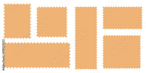 Postage stamp set. Post stamp frames and borders. Beige round and rectangular template for mail, postcard, letter. Jagged wavy edge forms. Vintage objects for poster, banner, badge, sticker. Vector