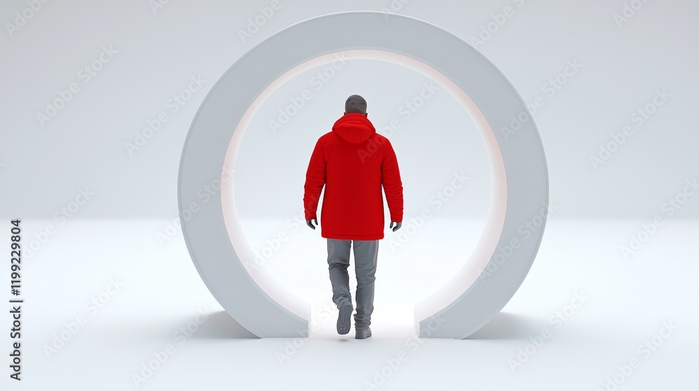 Man in Red Coat Walking Through Minimalist White Arch in Modern Studio
