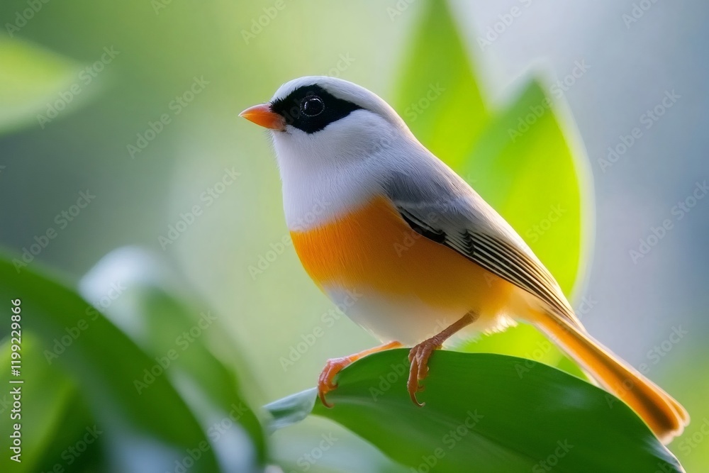 Fototapeta premium Silver-eared mesia perched on green leaf in natural habitat