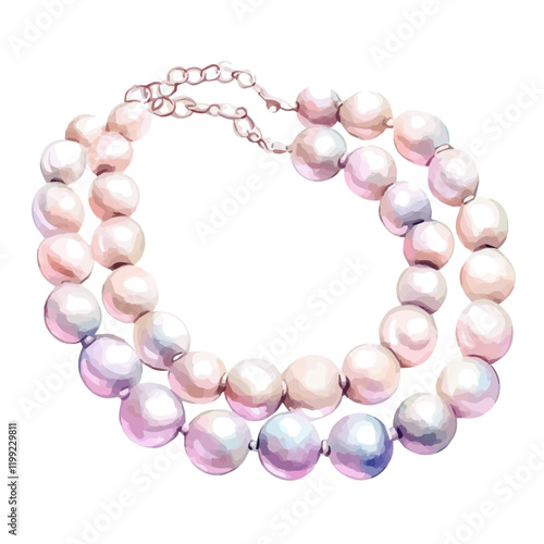 A watercolor vector painting of a classic pearl necklace that shines with soft, beautiful colors against the white backdrop, isolated on a white background. Classic pearl necklace vector.

