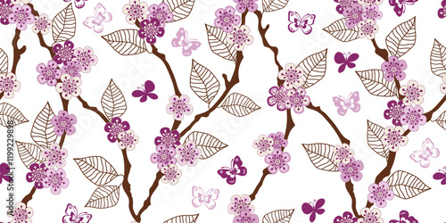 seamless pattern with hand drawn branches and leaves of cherry blossoms on a transparent background. Floral colorful organic background. For textiles, wallpaper and packaging.