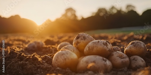 Freshly harvested potatoes resting in fertile soil at sunset illuminating farmland with golden hues reflecting off the earthy landscape and offering a glimpse of agricultural abundance photo