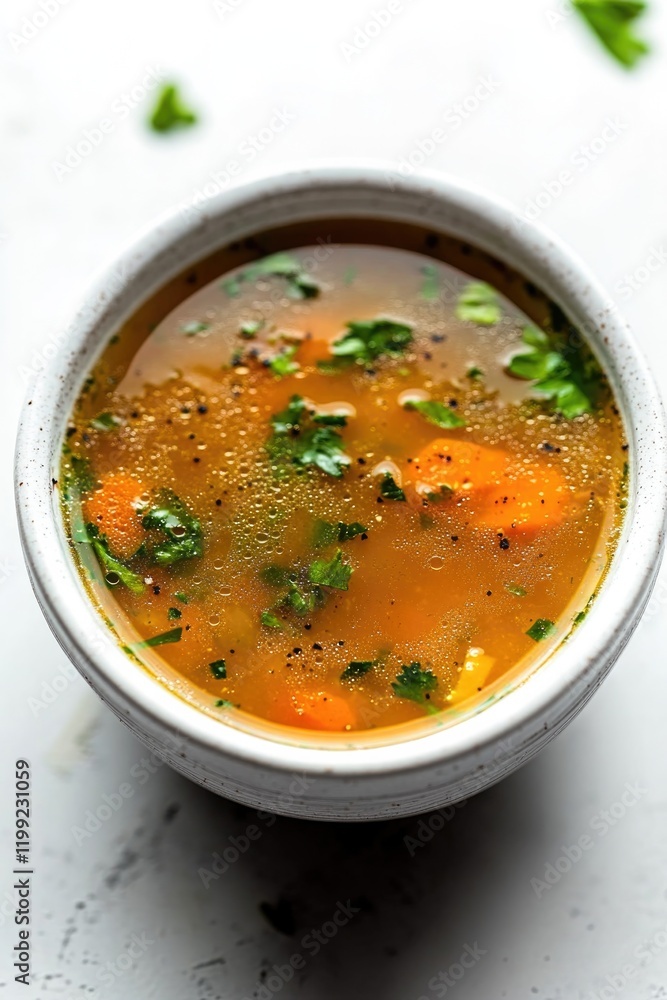 Warm broth showcases vibrant herbs and vegetables, inviting comf Warm broth showcases vibrant herbs and vegetables, inviting comf
