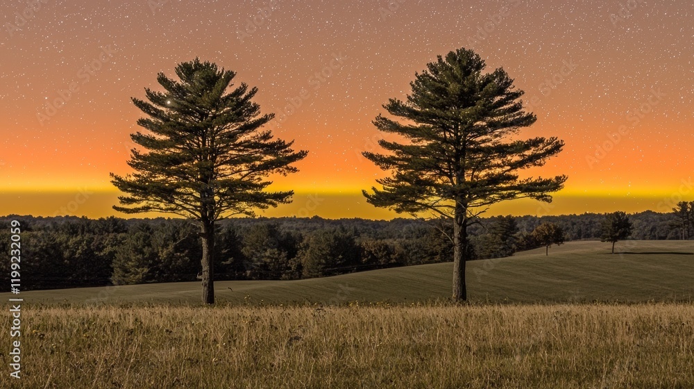 Obraz premium Sunset Silhouettes: Two Pines Against a Starry Evening Sky