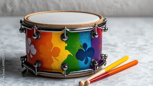 Brightly colored drum with shamrock design and two drumsticks photo